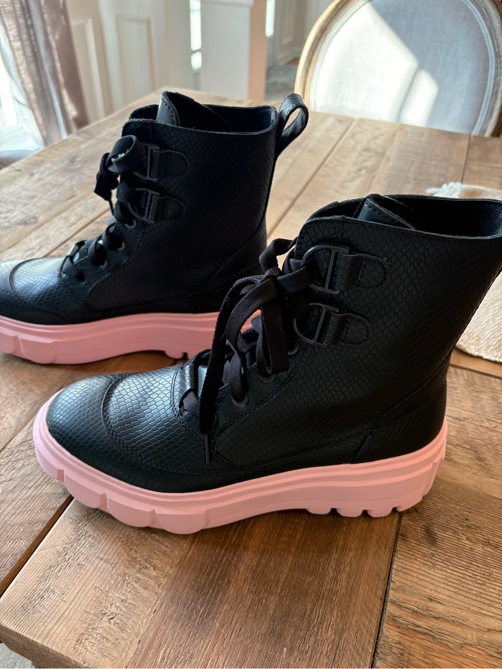 Sorel Black Lace-Up Combat Boots with Pink Platform Sole
